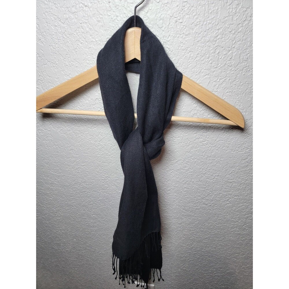 Pashmina Black Scarf Wrap 70% Pashmina 30% Silk Handmade Nepal Fringe 64"